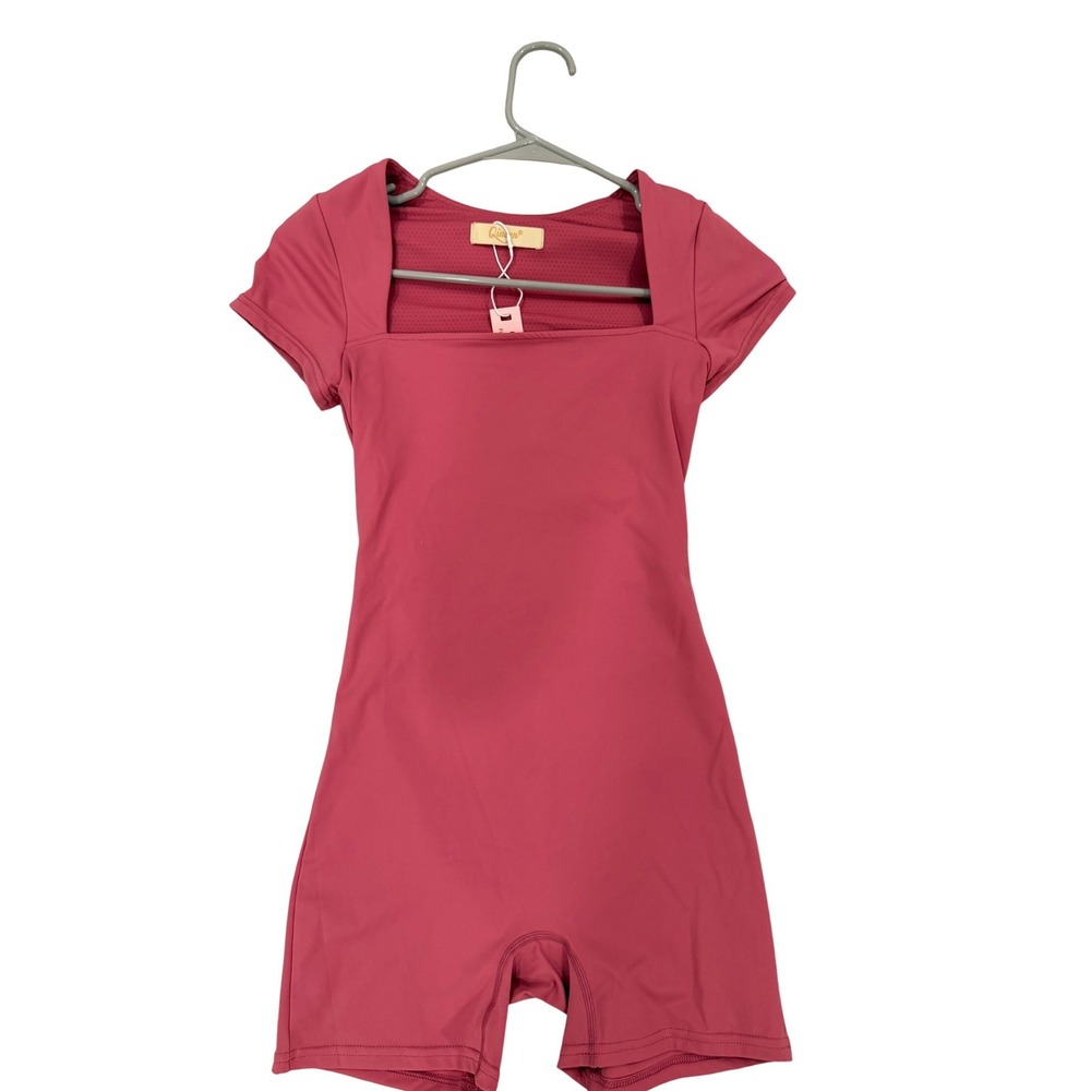 Qinsen Womens Pink Spandex Workout One-Piece Romper Bodysuit Small‎ NWT